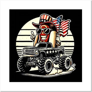 HotDog Riding Monster Truck 4th Of July USA Flag Cute Hotdog Posters and Art